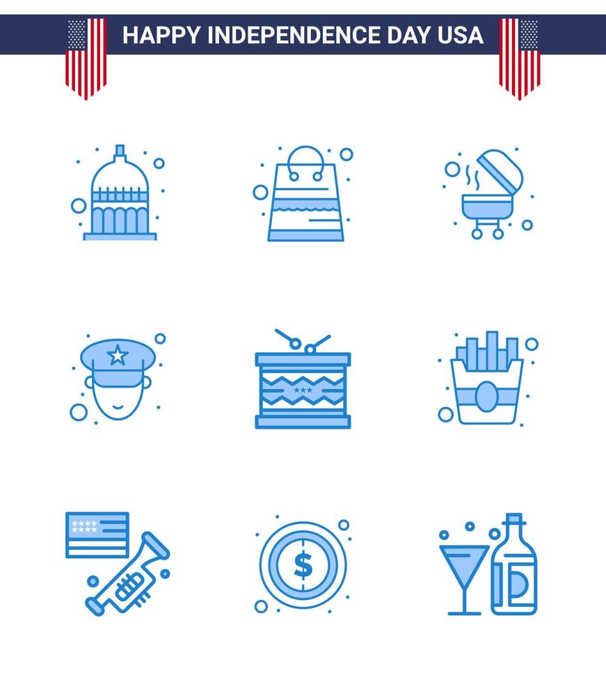 Happy Independence Day 9 Blues Icon Pack für Web und Print Parade Instrument Barbecue Drum Officer Editierbare Usa Day Vektor Design Elemente