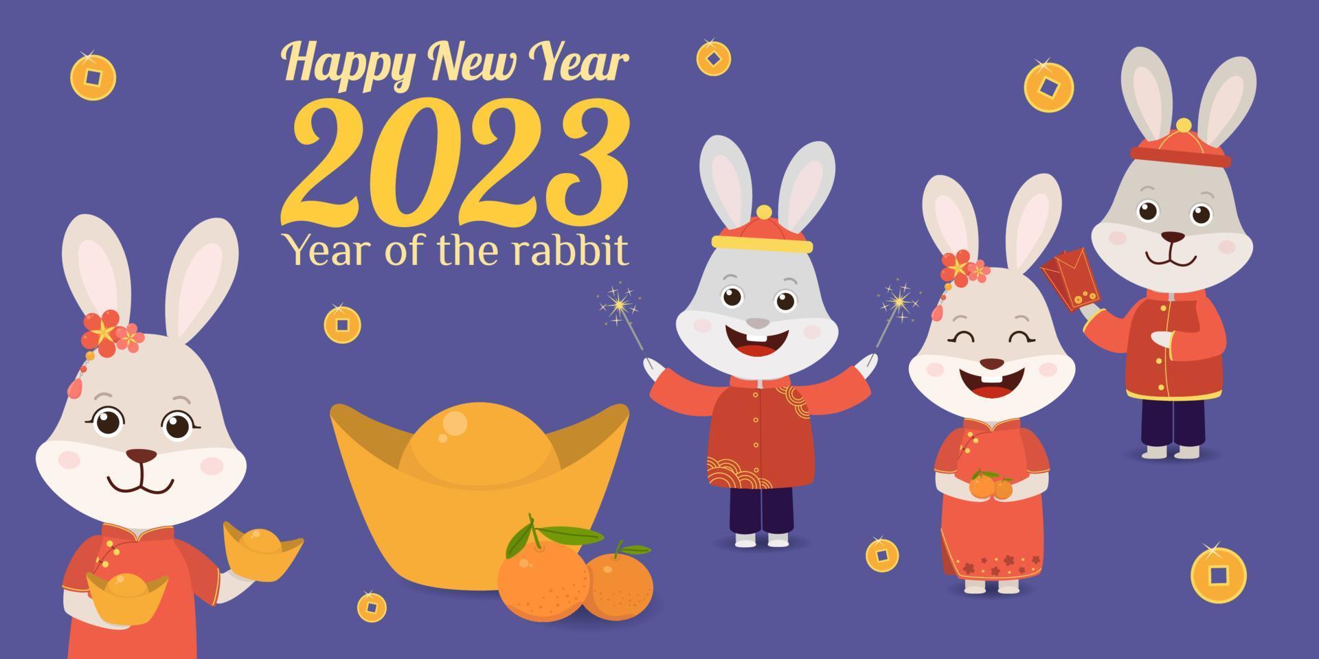 frohes chinesisches neujahr 2023. lustige hasen in traditionellen chinesischen kostümen wünschen neujahr. vektor