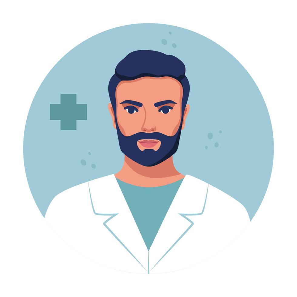 läkare runda avatar. medicin platt avatar med manlig läkare. medicinsk klinik team. runda ikon medicinsk samling, vektor illustration.