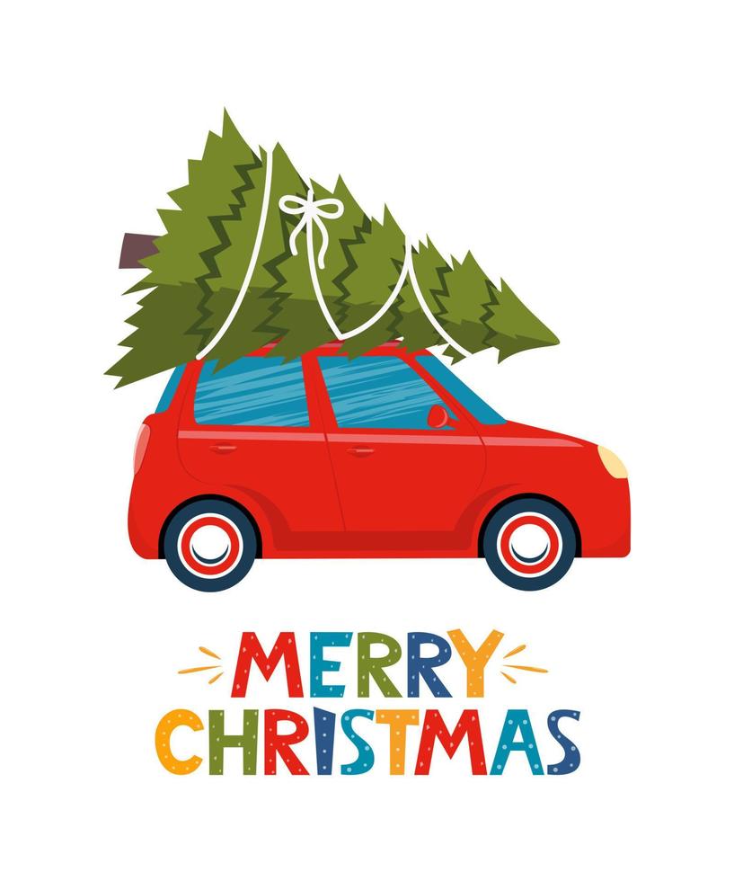 süßes rotes retro-auto mit weihnachtsbaum auf dem dach. frohe weihnachtsbeschriftung für grußkarte, postkarte, poster, banner, einladungsdesign. Vektor-Illustration. vektor