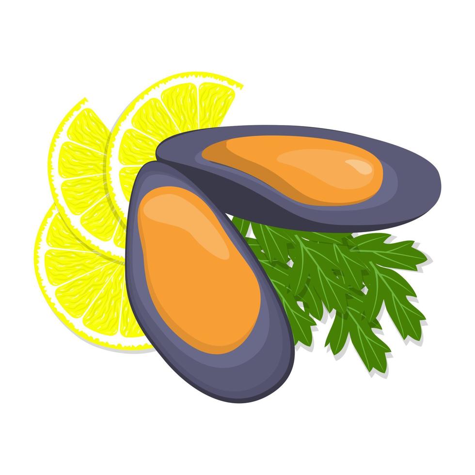 musslor, citron- skivor och örter. skaldjur. vektor platt illustration.