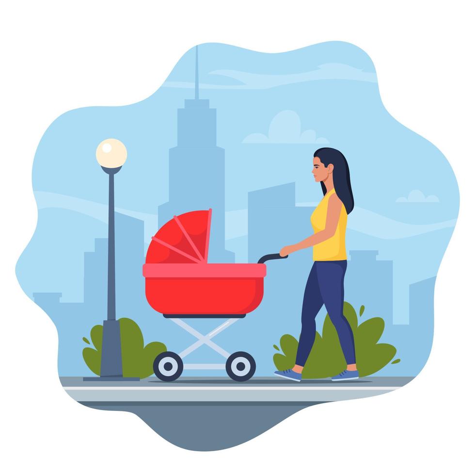 ung mor gående med en nyfödd den där är i de pråm. kvinna med bebis sittvagn promenader genom de stad. färgrik vektor illustration i platt stil.