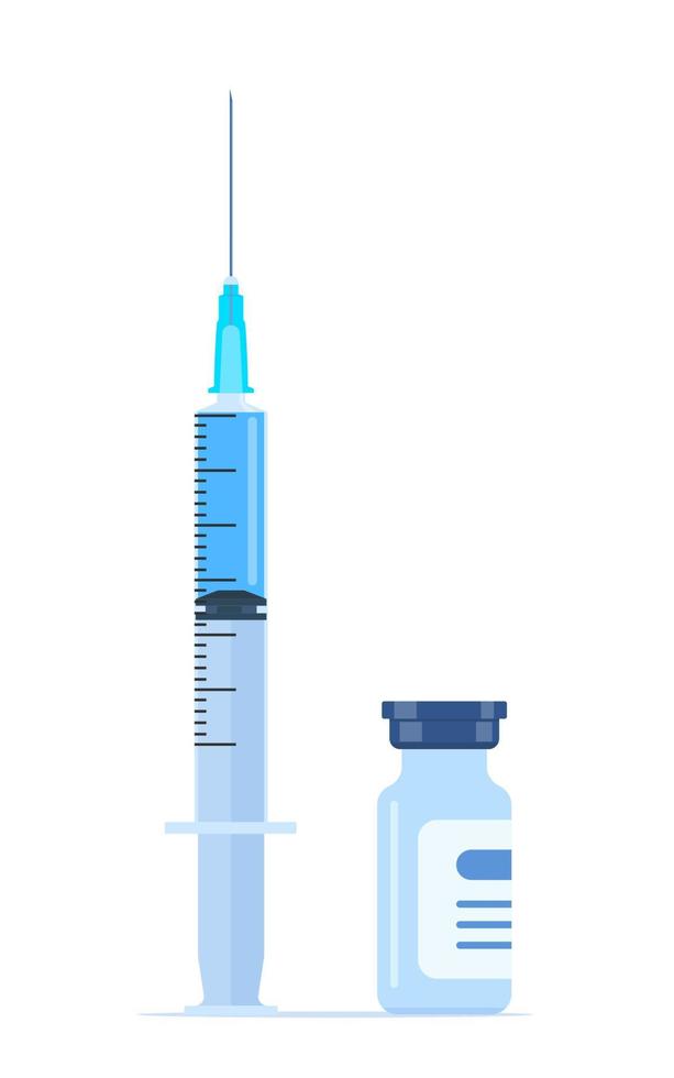 plast medicinsk spruta med nål och flaska, begrepp av vaccination, injektion, behandling. vektor illustration.