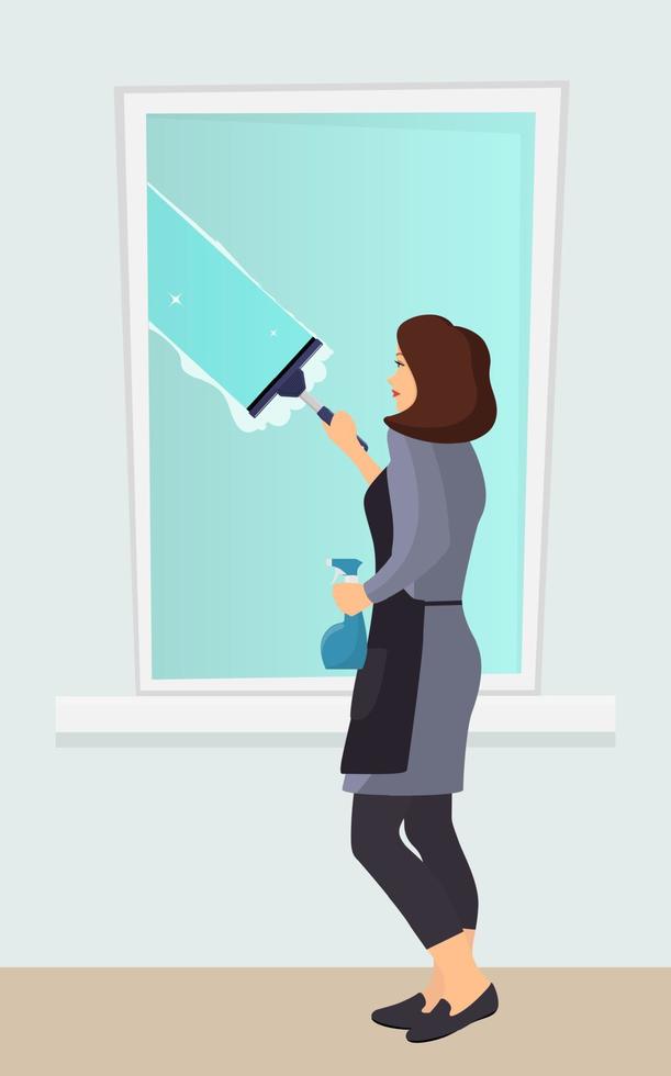 Frau, die das Fenster mit einem Schaber wäscht. Fenster putzen. Der Schaber gleitet über das Glas und macht es sauber. Glasreiniger in die Hand sprühen. Vektor-Illustration. vektor