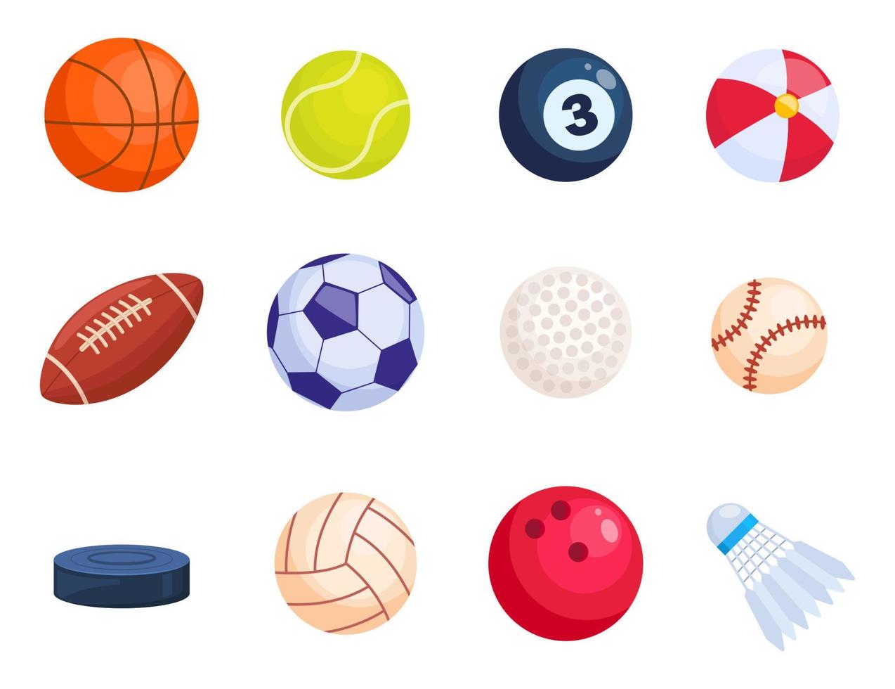 sport bollar. fotboll, basketboll, tennis, biljard, fotboll, golf, baseboll, volleyboll, hockey puck, biljard boll, fjäderboll. vektor illustration.