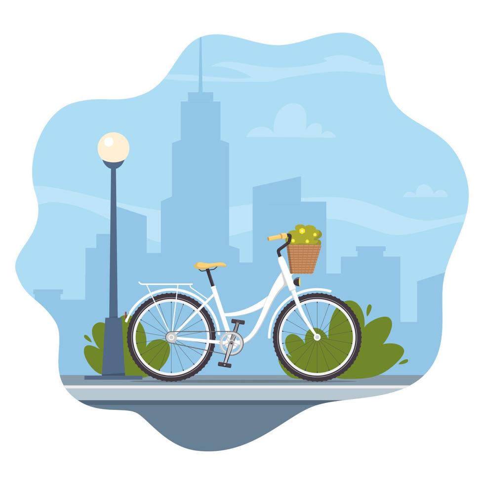 söt cykel på stad silhuett bakgrund. cykel begrepp illustration för app eller hemsida. modern transport. platt stil vektor illustration.