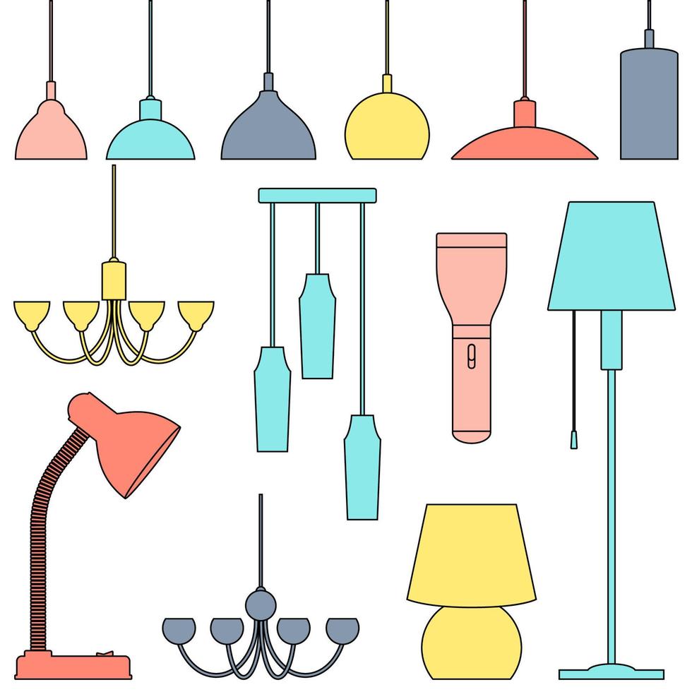 lampor av annorlunda typer, uppsättning. ljuskronor, lampor, lökar, tabell lampa, ficklampa, golv lampa - element av modern interiör. linje konst illustration. vektor