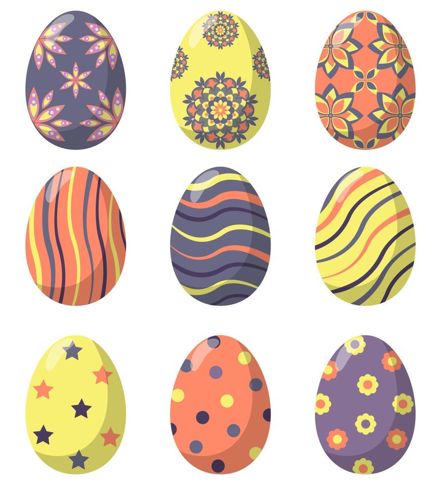 påsk ägg dekorerad med olika enkel och komplex mönster, uppsättning. vektor illustration i platt stil.