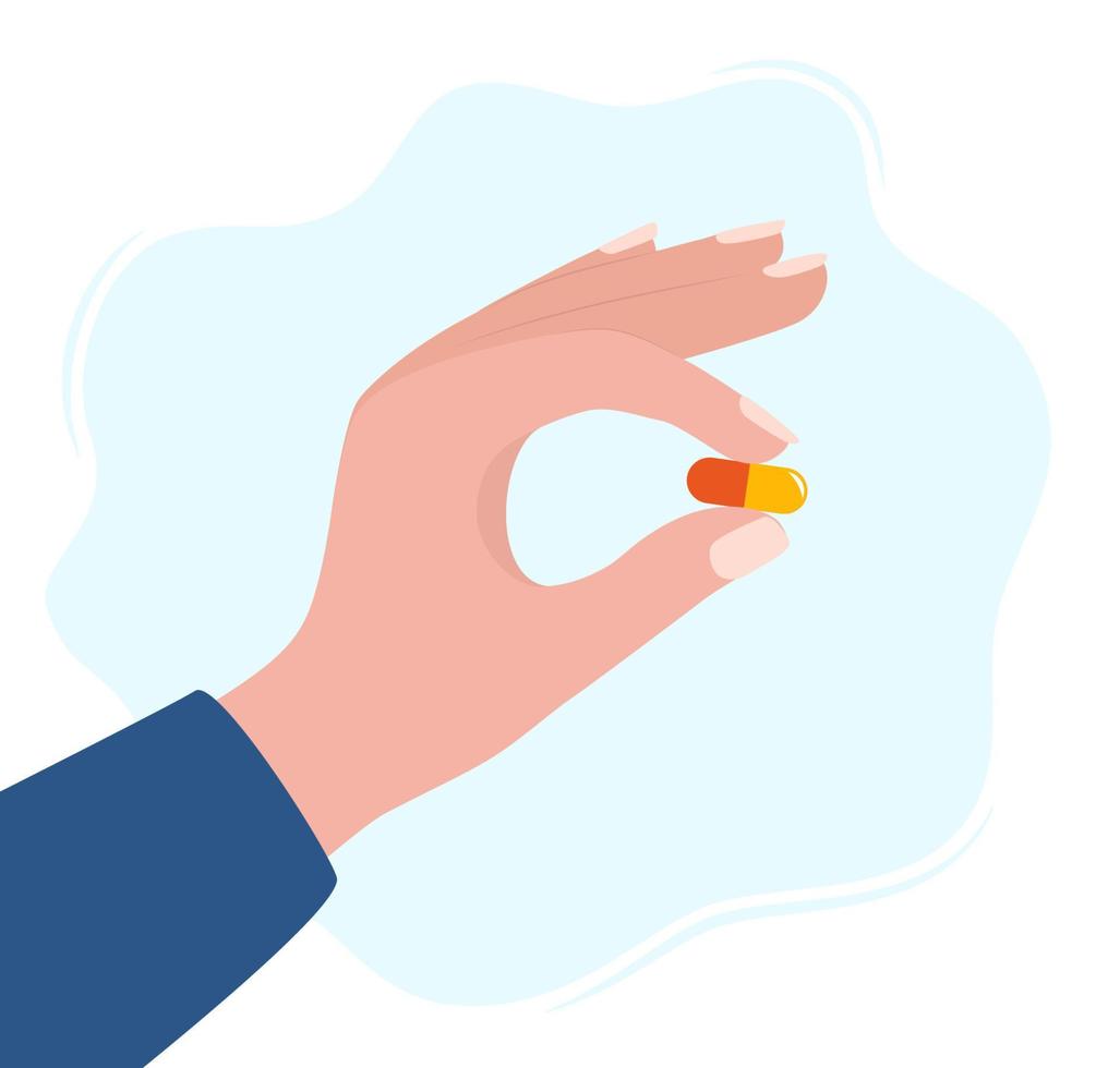 mänsklig hand innehav piller mellan fingrar vektor illustration i platt stil. medicin behandling, apotek och medicin, begrepp vektor illustration.