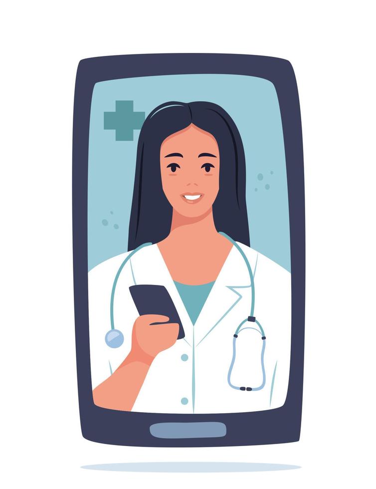 leende kvinna läkare uppkopplad på telefon skärm. sjukvård begrepp. läkare videosamtal. uppkopplad medicinsk samråd. medicin mobil app begrepp. virtuell sjukvård service vektor illustration.