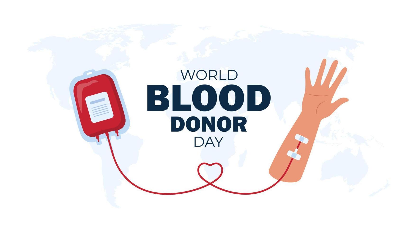 värld blod givare dag affisch. mänsklig donerar blod, blod väska och hand på värld Karta bakgrund. vektor illustration.