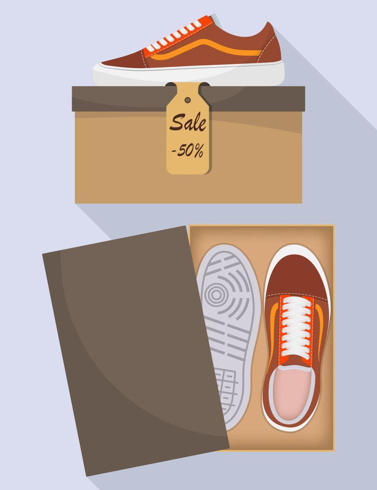 stylische, moderne sneakers in kasten-, seiten- und draufsicht. das Preisschild mit einem Rabatt von 50 Prozent. Sport- oder Freizeitschuhe. Illustration für ein Schuhgeschäft. flache vektorillustration. vektor