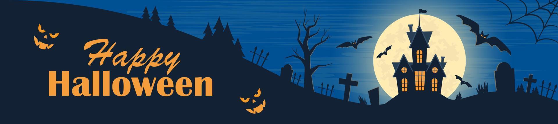 halloween-poster, gruseliger partyeinladungsflyer, banner. dunkle Burg, Mond, Fledermäuse, Gräber, Grabsteine, Kreuze, Baum, Eule, Kürbisse. Halloween-Nacht-Vektor-Illustration. vektor