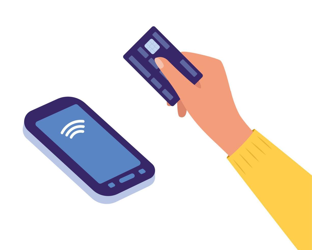 pos terminal med hand och kreditera kort. kontaktlös betalning, kommunikation teknologi. nära fältet kommunikation protokoll. wiFi mobil betala. trådlös Bank, mobil, nfc. vektor illustration.