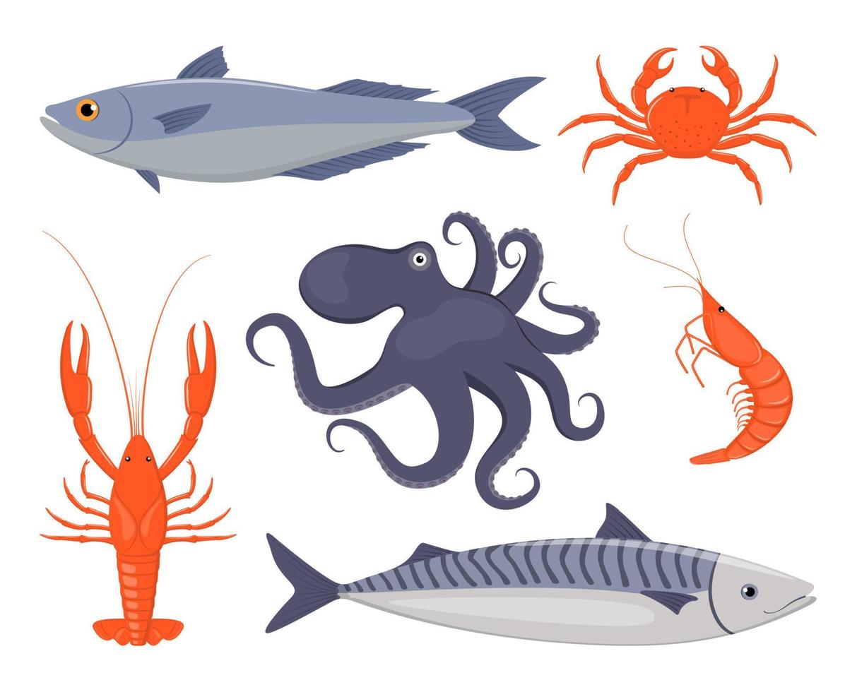 Meeresfrüchte-Set. Lachs, Krabben, Hummer, Tintenfisch, Garnelen, Makrele im flachen Stil. Fisch, Meeresfrüchte-Symbole für die Speisekarte des Restaurants. Vektor-Illustration. vektor