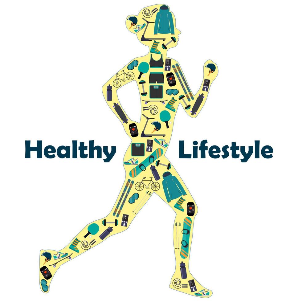 Silhouette einer laufenden Frau, gefüllt mit Ikonen von Sportgeräten für verschiedene Sportarten. Illustrationssymbol für einen gesunden Lebensstil für Infografiken. vektor