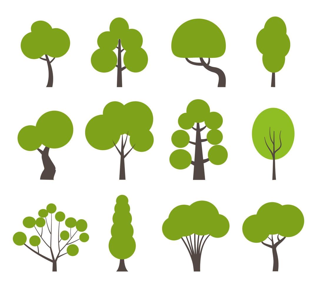 olika grön träd i enkel grafisk stil. träd ikoner uppsättning i en modern platt stil. vektor illustration.
