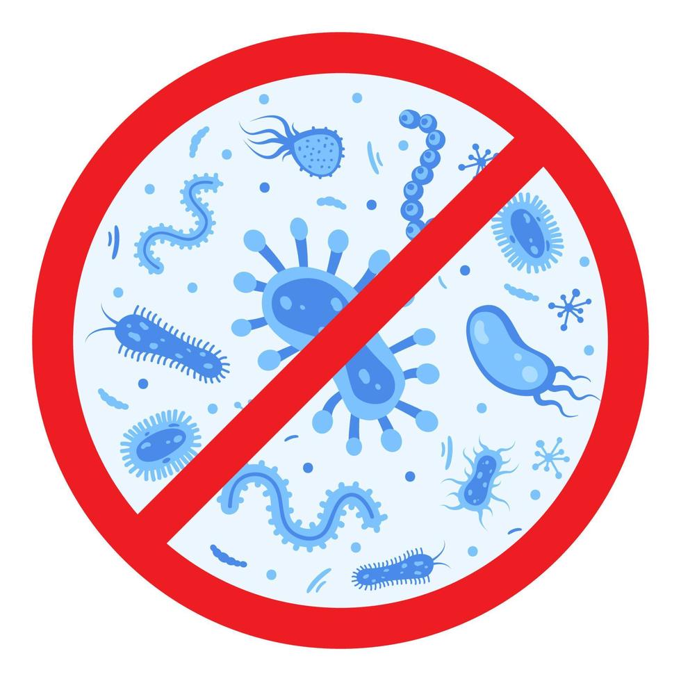 antibakteriell försvar ikon. sluta bakterie och virus förbud tecken. antiseptisk. olika bakterie i de röd överstruken cirkel. vektor illustration.