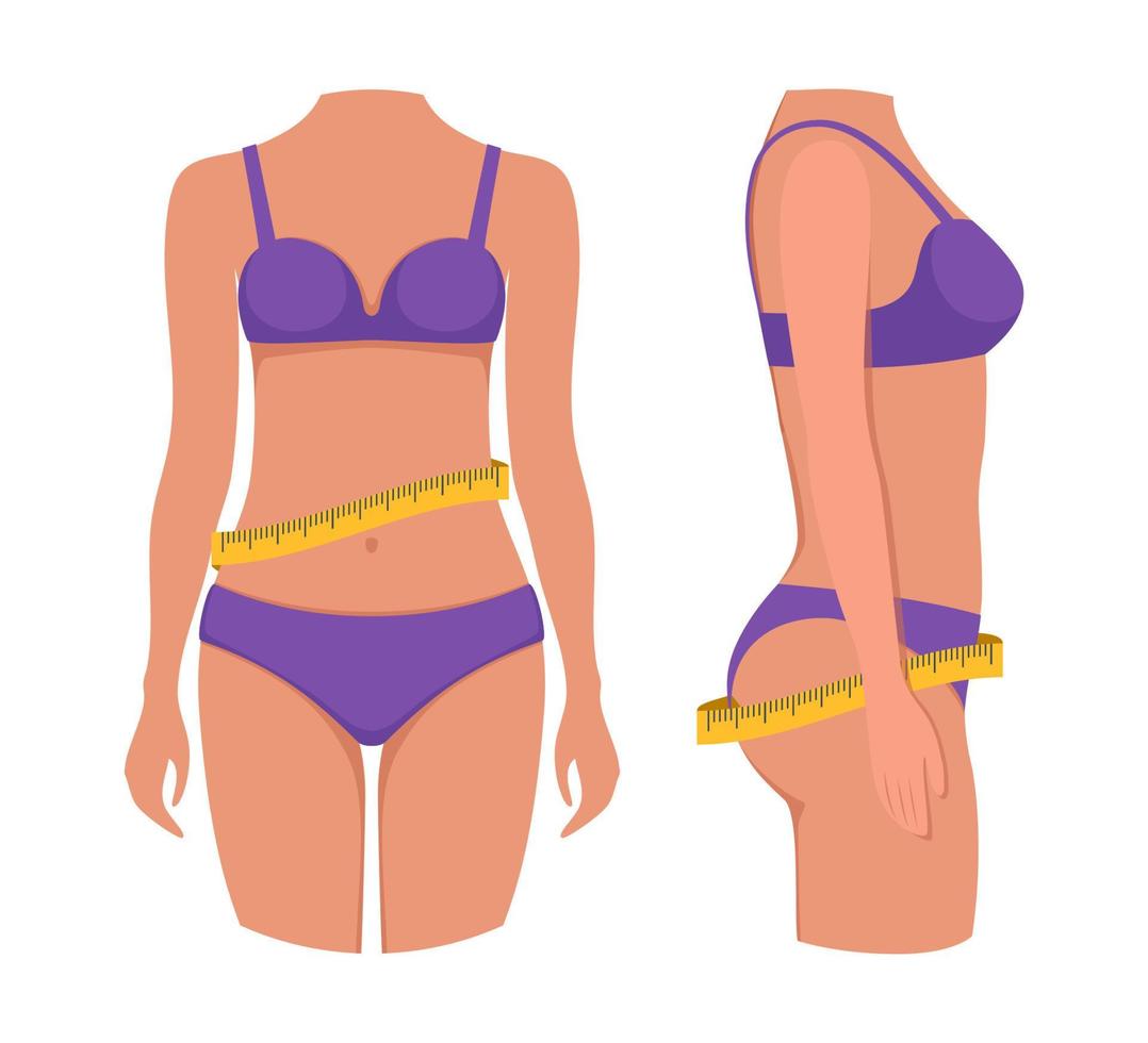 midja av kvinna och mätning tejp. kvinna smal kropp, främre och sida se. vikt förlust. figur av kvinna förlorande vikt. friska livsstil. vektor illustration.