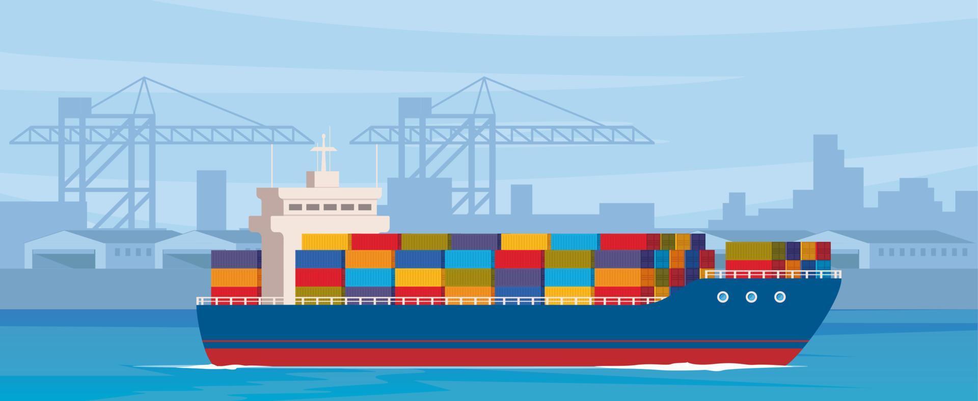 Frachtschiff verlässt den Hafen nach dem Beladen. Frachtschiff mit Containern im Ozean. Seehafen mit Kränen und Lagerhallen. Cargo-Logistik. internationaler Frachttransport und -handel. Vektor-Illustration. vektor