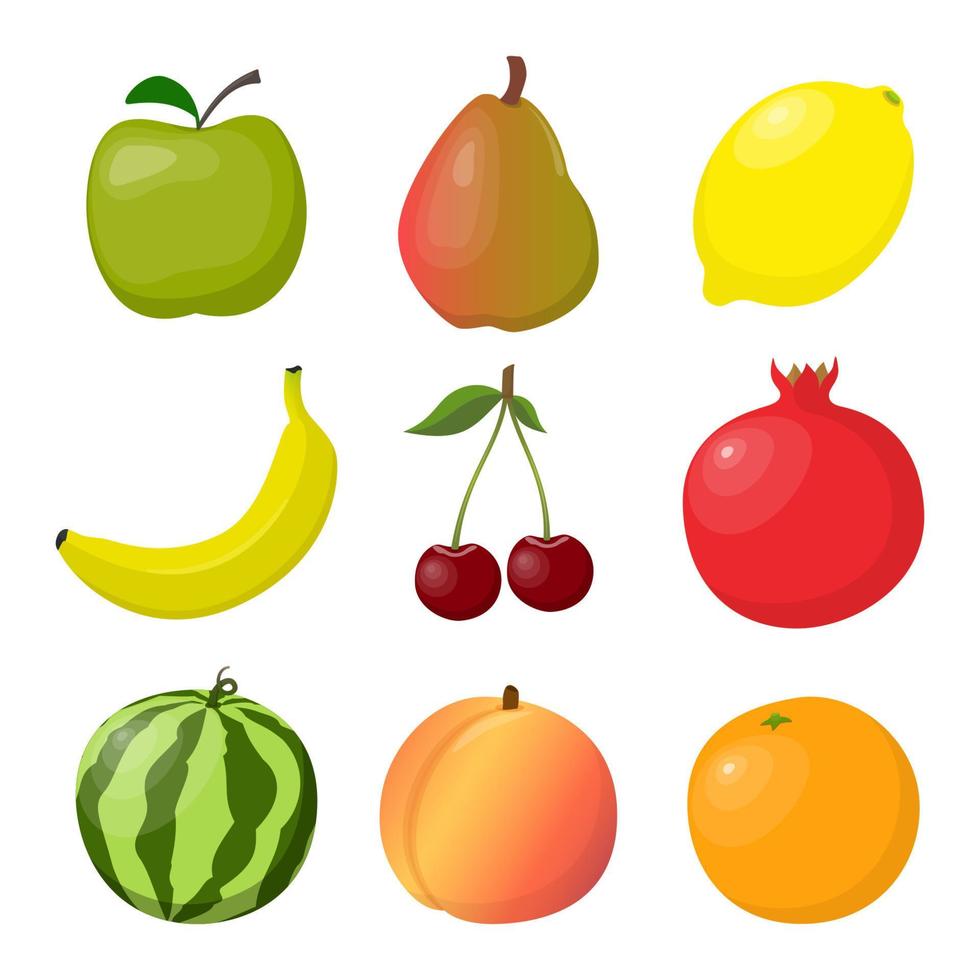 saftig mogen frukt och bär, ljus och färgrik, uppsättning. äpple, päron, orange, banan, persika, körsbär, vattenmelon, citron, granatäpple. vektor illustration.