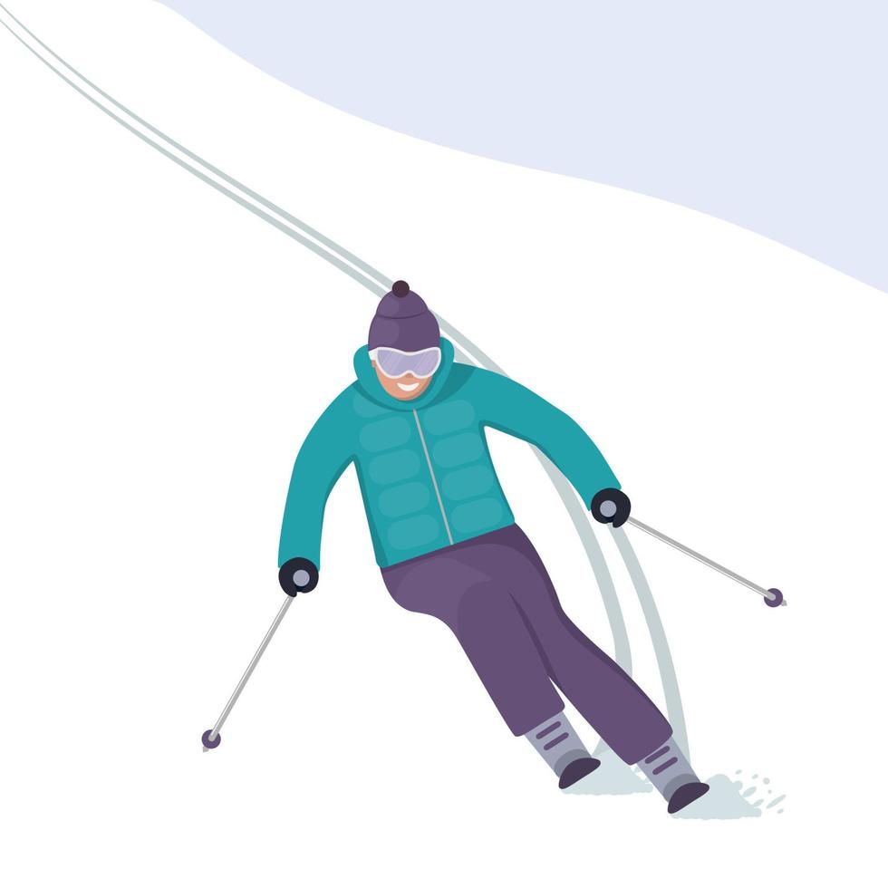 Mit einem Lächeln im Gesicht saust der Skifahrer den Hang hinunter. Winterurlaub in den Bergen. Alpines Skifahren. vektorillustration im flachen stil. vektor