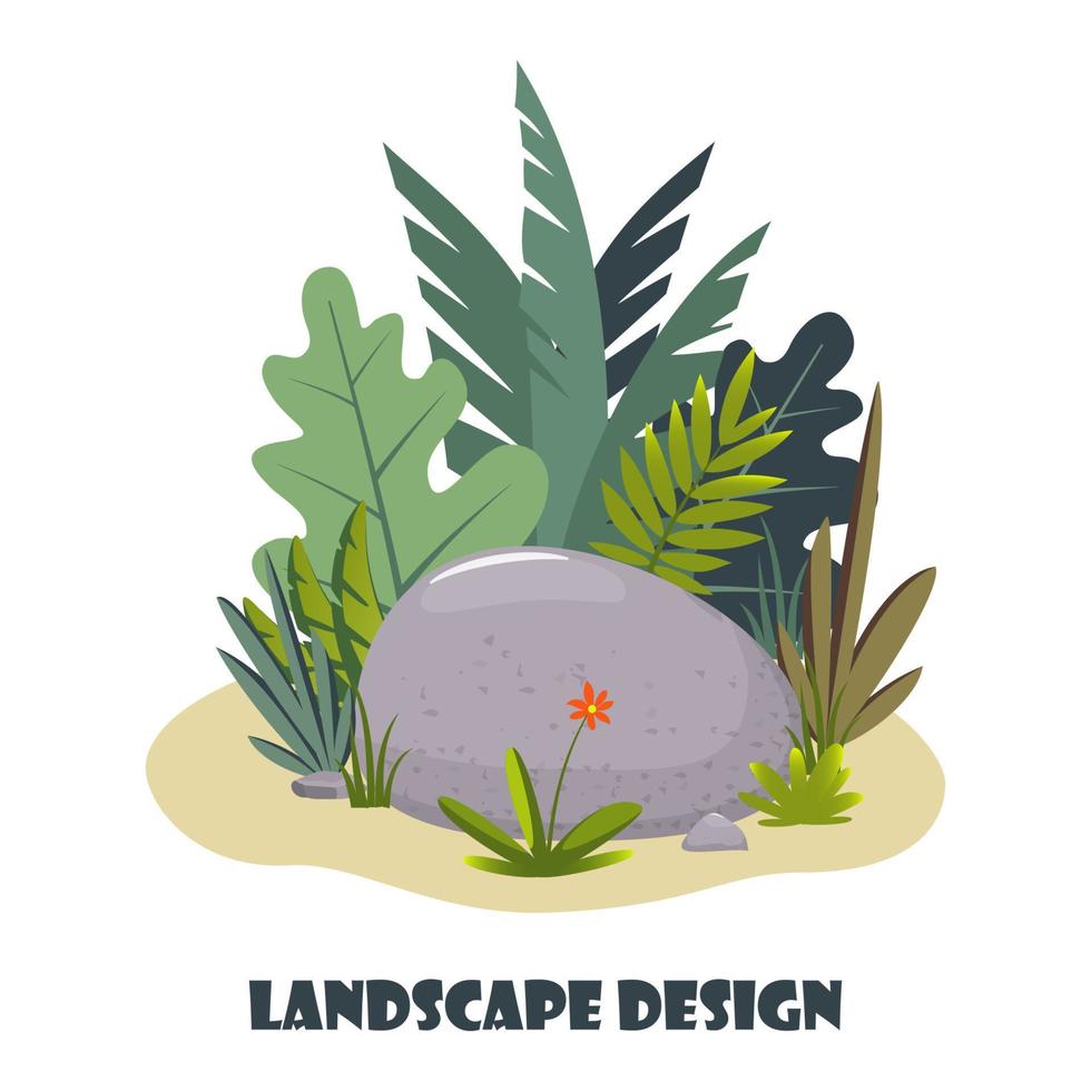 landskap design sammansättning med växt och stenar. söt blommig sammansättning för hälsning kort, baner, flygblad, app, hemsida på ekologisk, botanisk, landskap design teman. vektor illustration.