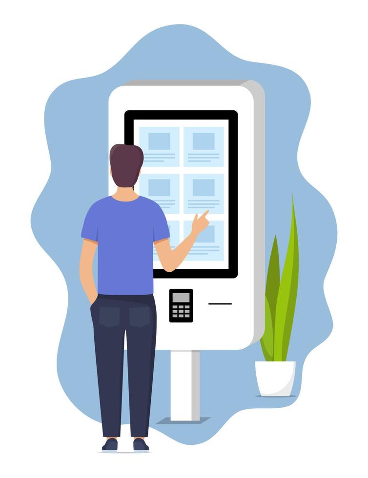 man använder sig av självbetjäning betalning och information elektronisk terminal med Rör skärm. vektor illustration i platt stil.