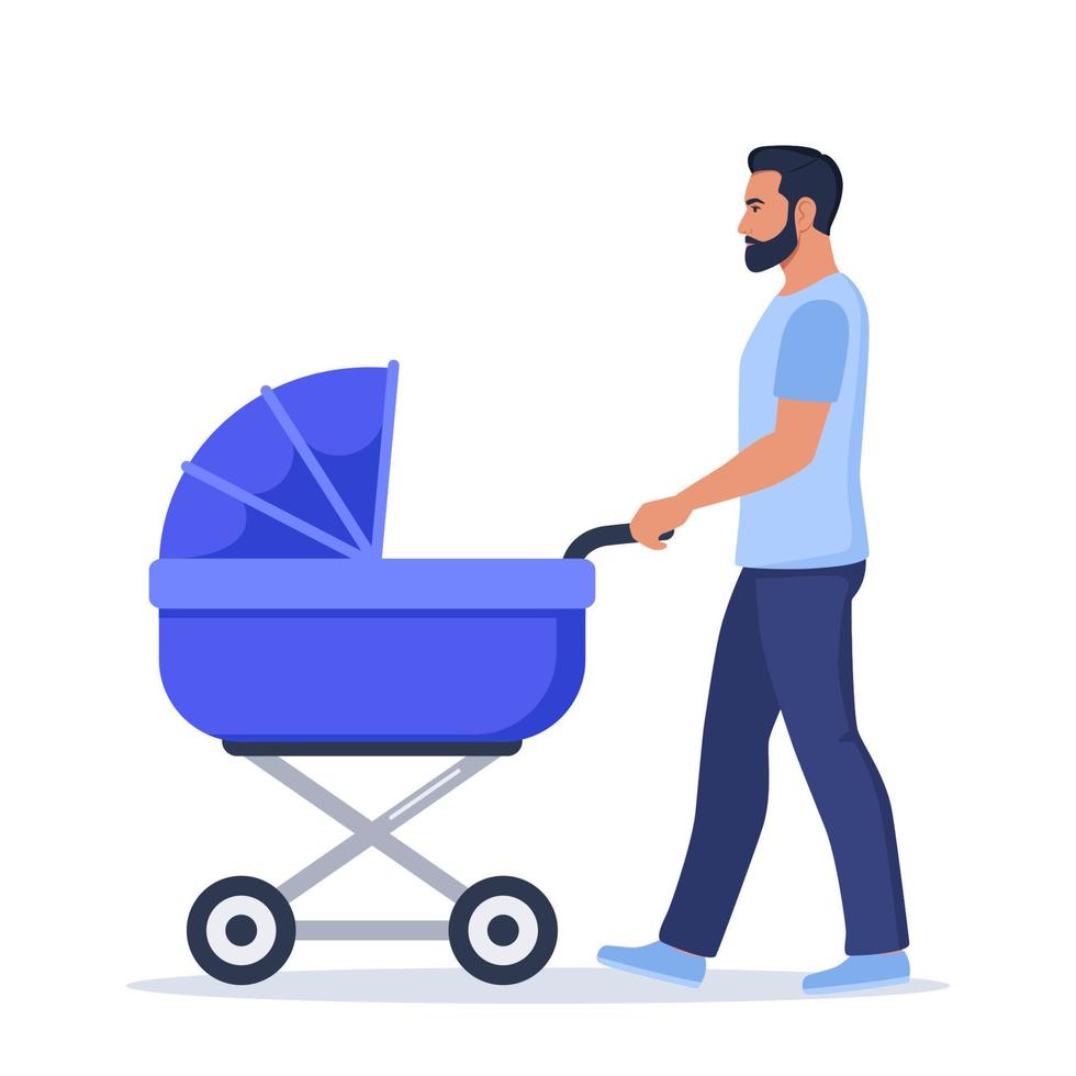 ung pappa promenader med en bebis i en sittvagn. man med nyfödd son eller dotter på promenad i bebis transport. vektor illustration.