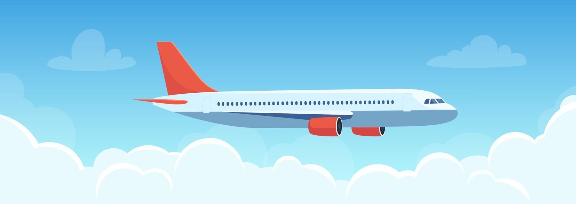 fliegendes Flugzeug über den Wolken. Flugzeuge am Himmel. reisekonzeptillustration für werbefluggesellschaft, website zur suche nach flugtickets, reisebüro. reisender flyer, banner, vektorillustration. vektor