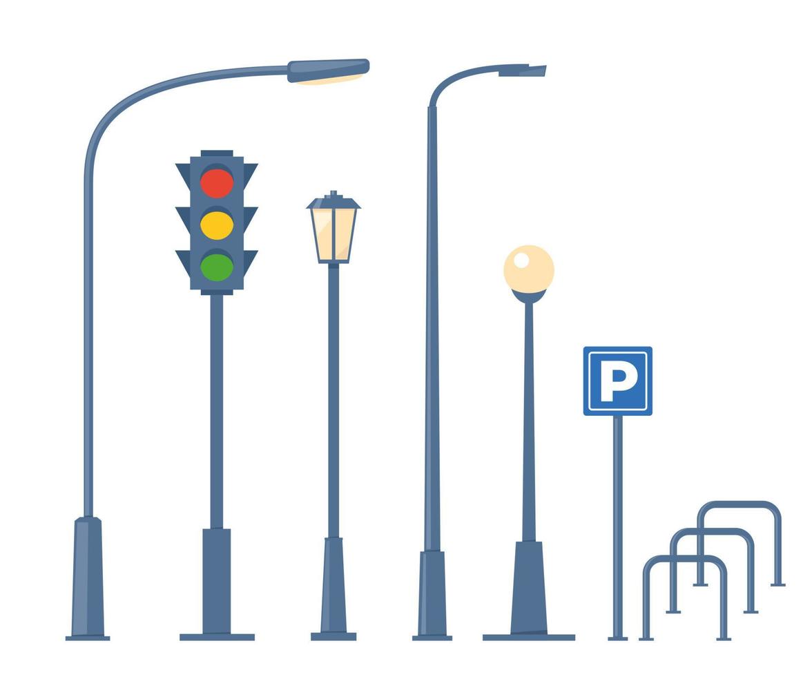 Stadt- und Outdoor-Elemente. Reihe von städtischen Objekten. Straßenlaternen, Ampeln, Fahrradabstellplätze. Vektor-Illustration. vektor