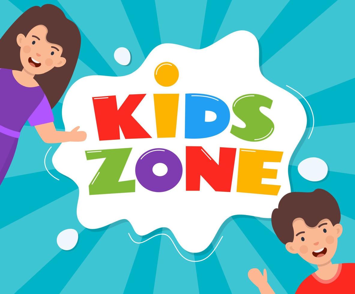 Kids Zone Emblem oder Logo für Kinderspielzimmer. kinderzone hand ertrinken schriftzug und glücklich lächelnder junge und mädchen. bunte vektorillustration. vektor