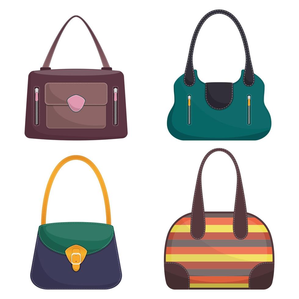 Kollektion stilvoller, bunter Lederhandtaschen mit weißen Nähten. Frau Tasche. Damenhandtaschen isoliert auf weißem Hintergrund. Mode-Accessoires. vektorillustration im flachen stil. vektor