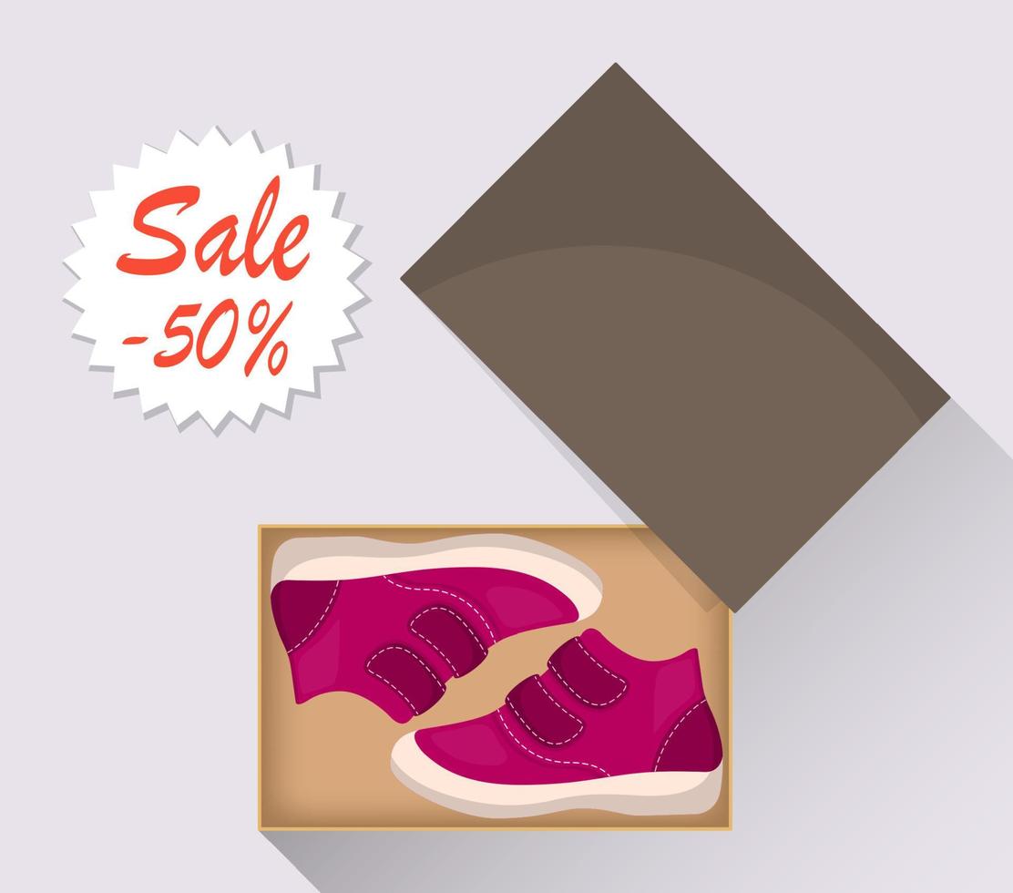 liten söt bebis skor i låda, sida se. försäljning med en rabatt av 50 procent. unge s tillfällig rosa stövlar. illustration för en sko Lagra. vektor platt illustration.
