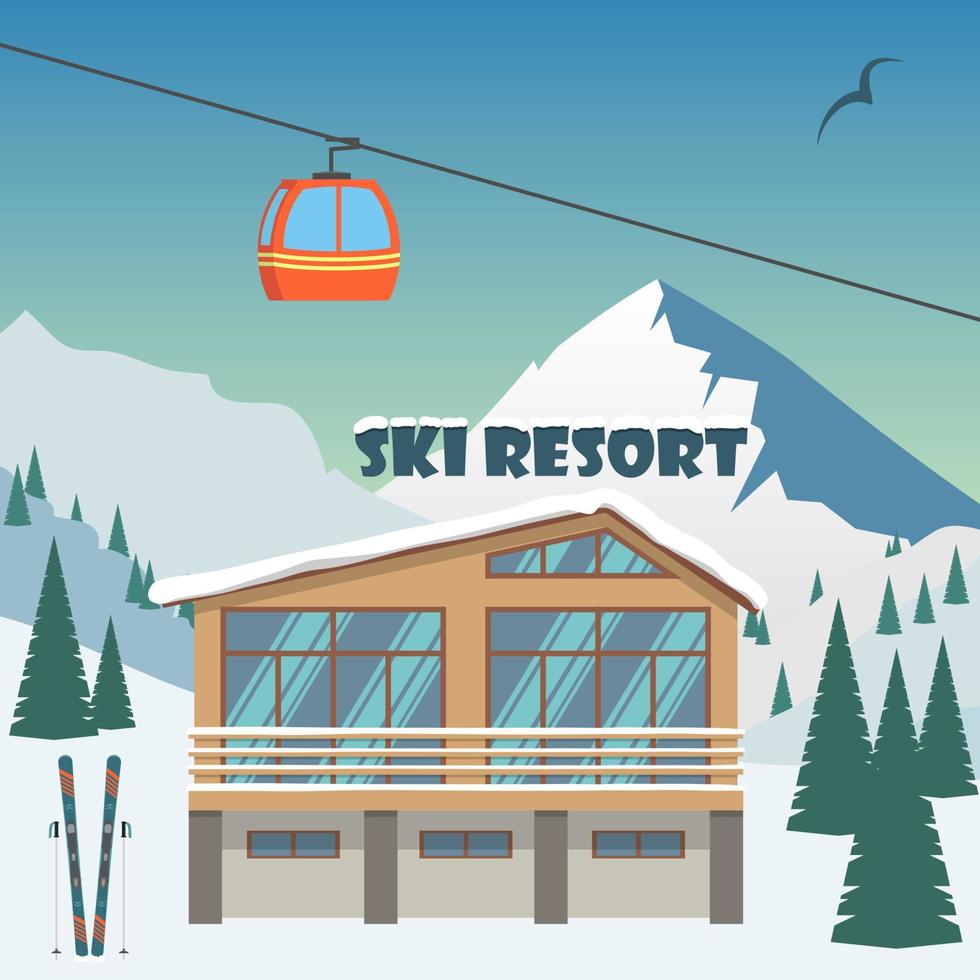 åka skidor tillflykt. vinter- berg landskap med stuga, åka skidor hiss. vinter- sporter semester baner. vektor illustration.