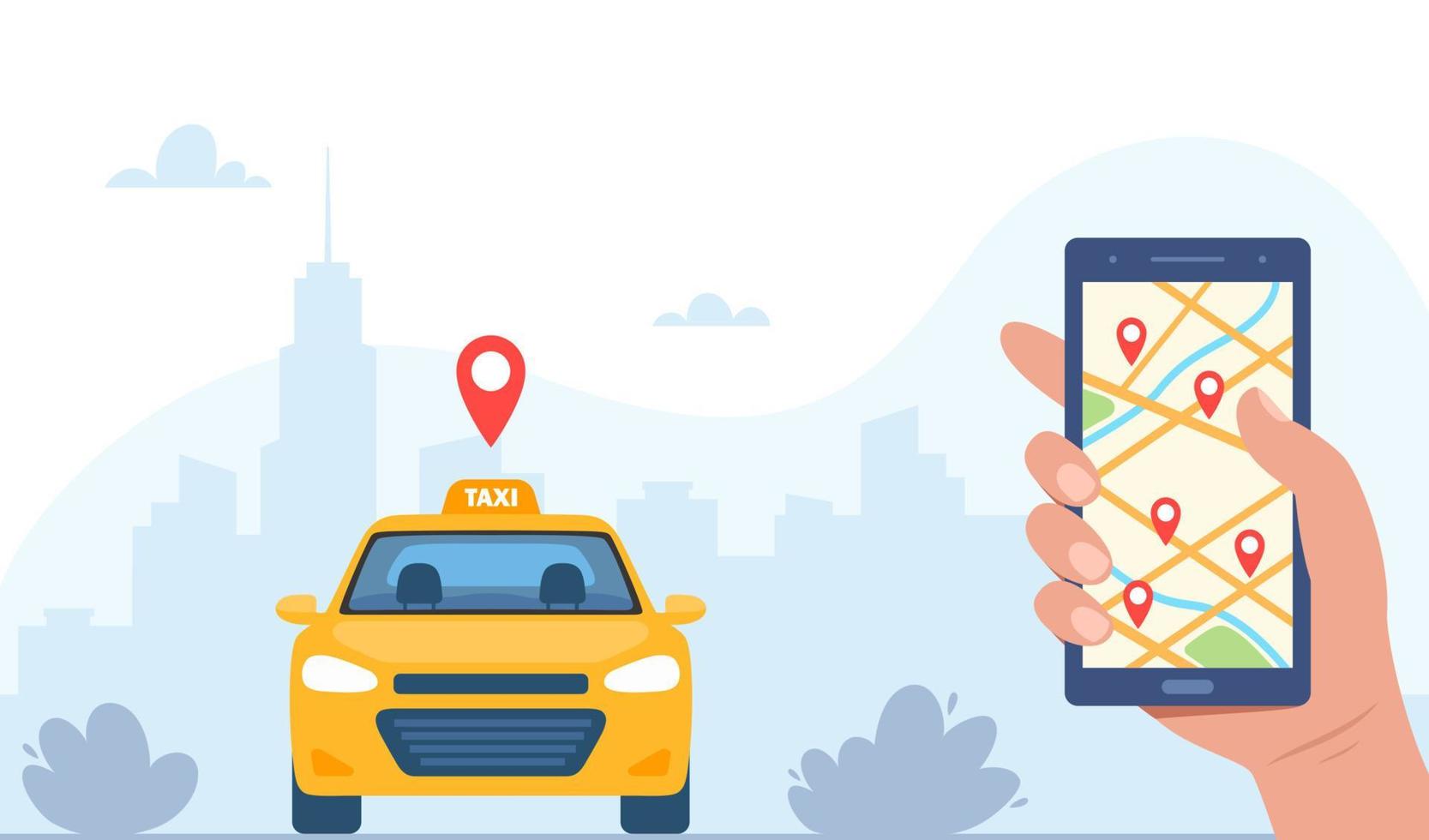 gelbes taxiauto, frontansicht, auf stadtlandschaftshintergrund. taxi mobiler bestellservice app-konzept. hand, die smartphone mit geotag-gps-standortstift auf stadtplan hält. Vektor-Illustration. vektor