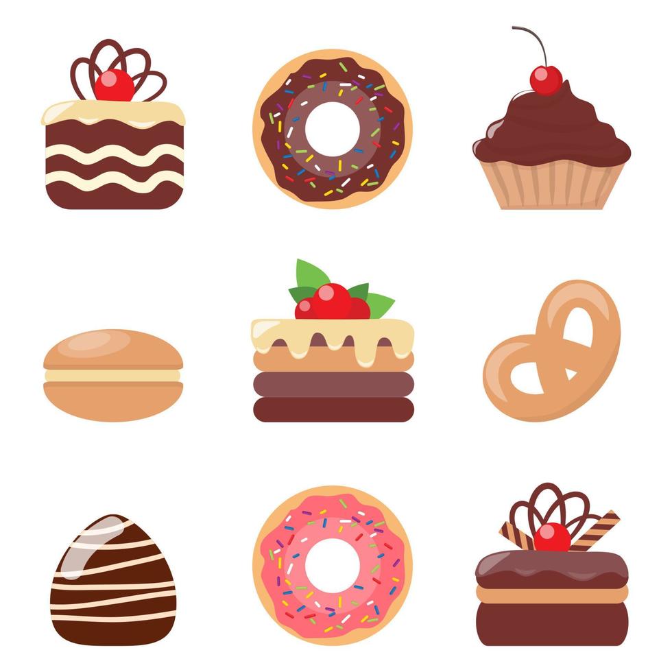 Kuchen, eingestellt. Kekse und Kekse, Donut- und Makronensymbole. Schokoladen- und Vanillekekse mit Sahne und Beeren. vektor