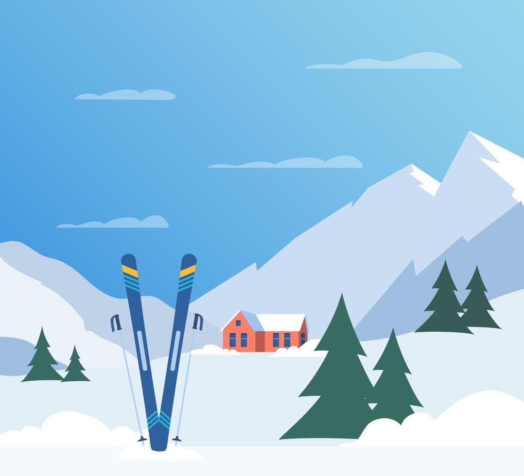 Skigebiet. winterliche Berglandschaft mit Hütte, Skilift. Banner für Wintersportferien. Vektor-Illustration. vektor