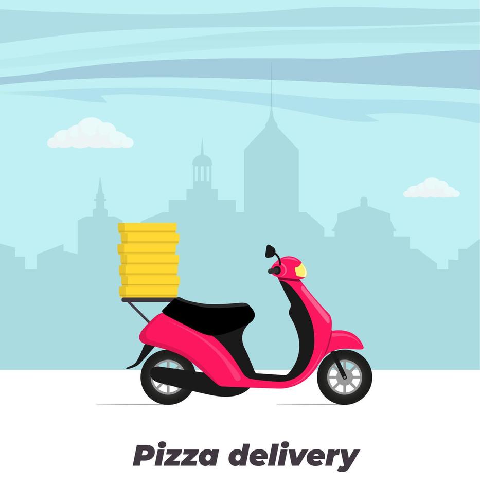 pizza-lieferservice-konzeptillustration. Motorrad mit Pizzakartons auf dem Kofferraum. Großstadt im Hintergrund. flache vektorillustration. vektor