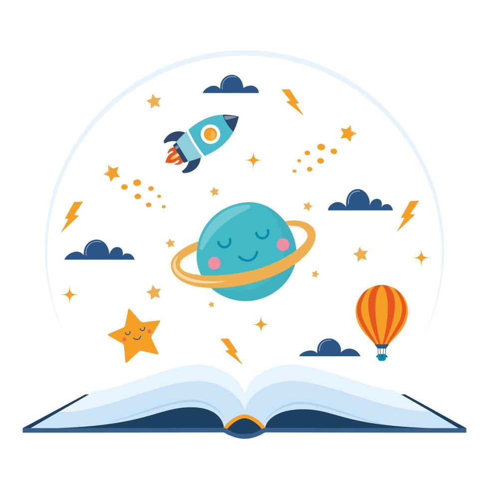 offene buch- und raumelemente. Planet, Rakete, Stern, Wolke, Aerostat. Bildungskonzept für Kinder. Wissen, Kreativität, Entdeckungen. design für pädagogisches motivationsplakat. zurück zur Schule. Vektor. vektor