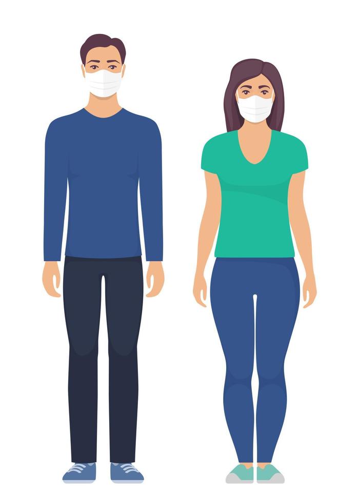 Mann und Frau mit medizinischer Schutzmaske im Gesicht zur Vorbeugung von Viren. menschen in chirurgischer maske. vektorillustration im flachen stil. vektor
