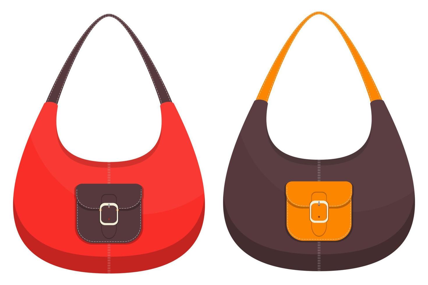samling av två eleganta färgrik läder handväskor med fickor och vit söm. kvinna väska. damer handväskor isolerat på vit bakgrund. vektor illustration.