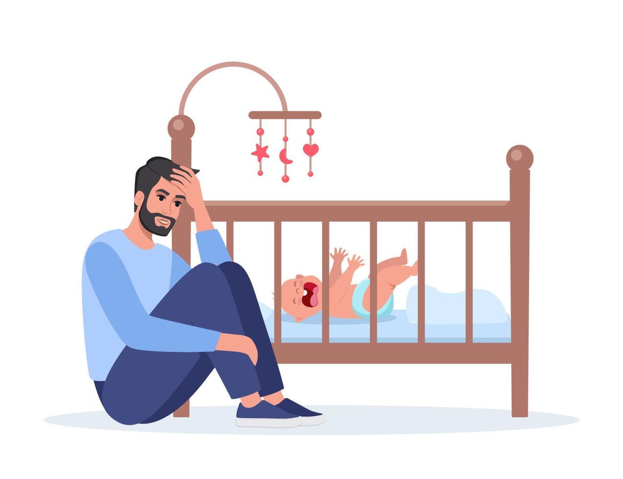 junger müder vater nachts mit baby, das auf krippe weint. unglücklicher Papa, erschöpft und gestresst, neben der Wiege des Neugeborenen. Kind weint hysterisch und zieht die Griffe hoch. Vektor-Illustration. vektor