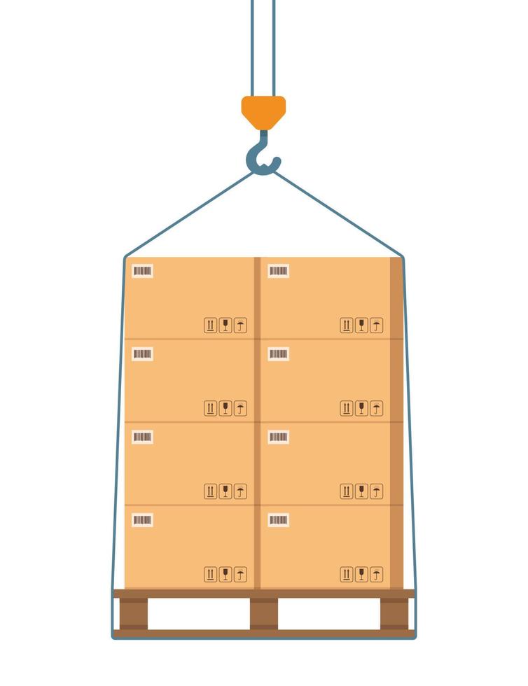 Kisten auf einer Palette werden mit einem Kranhaken angehoben. geschlossener Kartonstapel aus beigefarbenem Karton mit zerbrechlichem Schild auf Holzpaletten, Verpackung, Frachtlagerung, Industrieversand, Versand von Waren. Vektor-Illustration. vektor