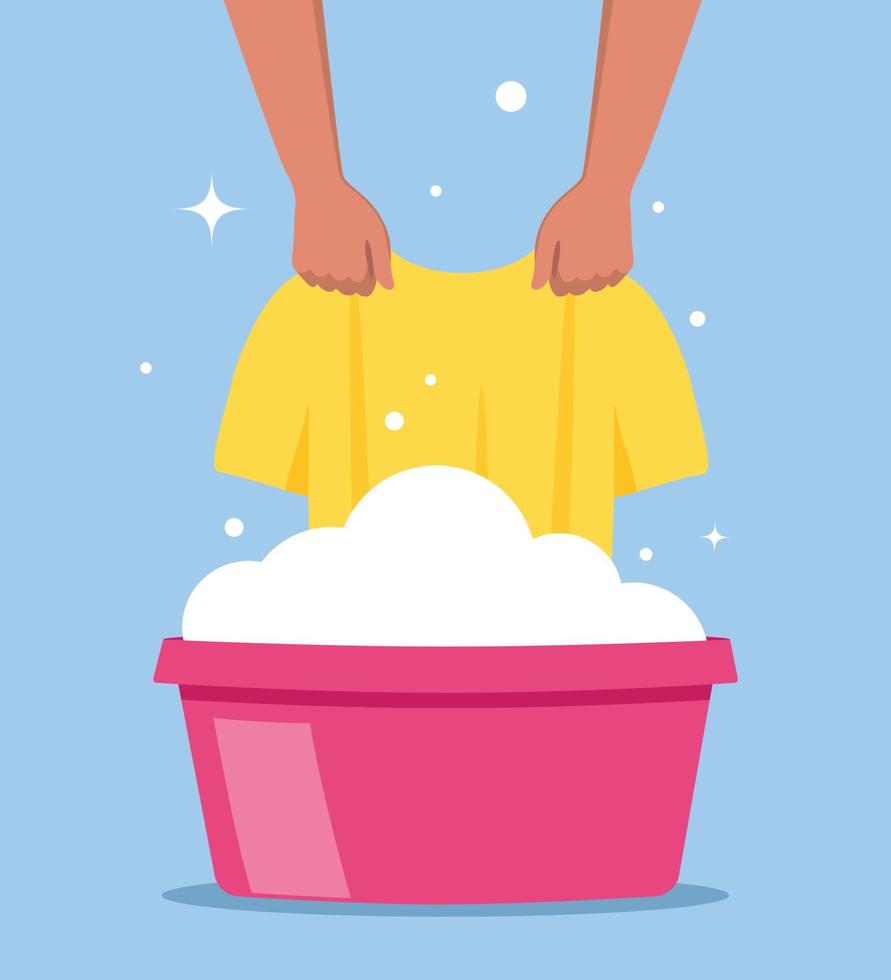 tvättning kläder i handfat av tvål vatten. händer innehav t-shirt. rena och tvätta. färga avlägsnande. platt vektor illustration.