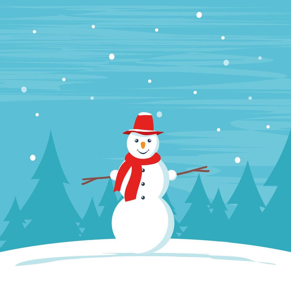 niedlicher schneemann der karikatur in einer kappe und einem schal auf schneebedecktem weihnachtswinterhintergrund. Vektor-Illustration. vektor