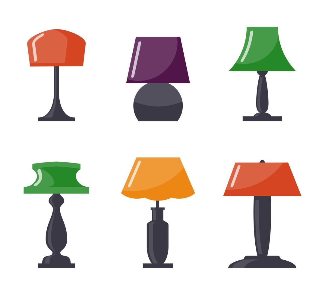 färgrik tabell lampa uppsättning. modern tabell lampa ikon samling, platt stil. vektor illustration.