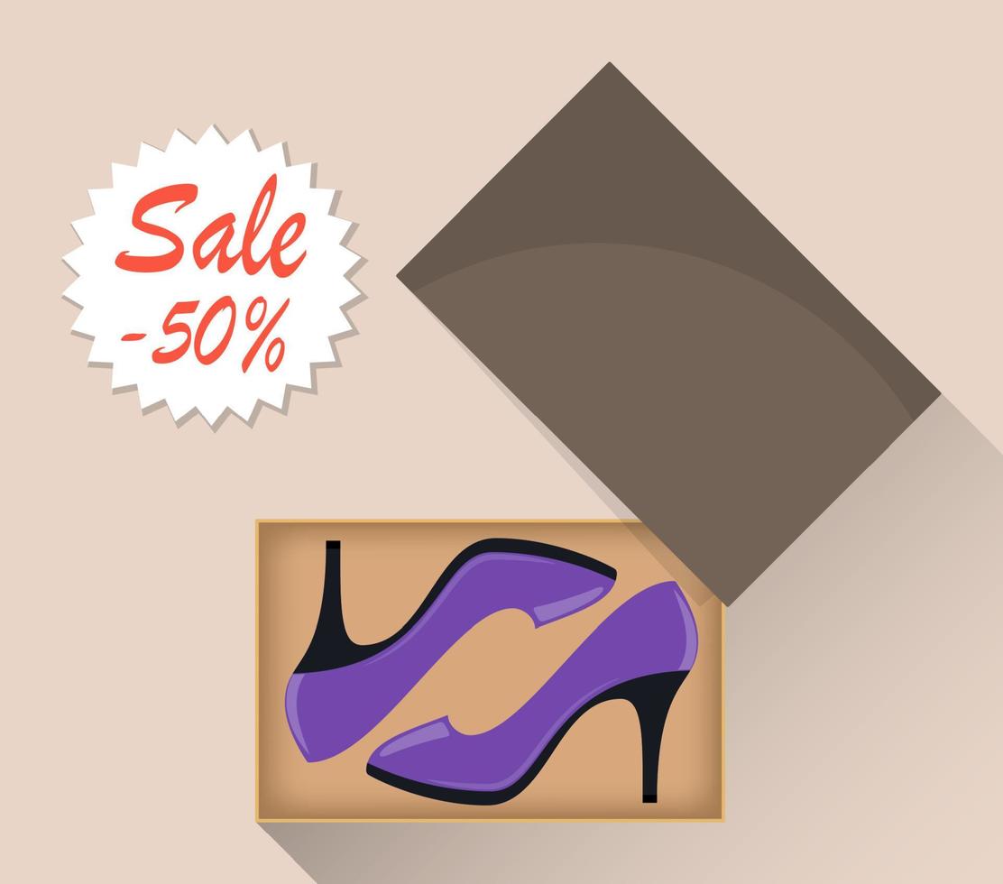 eleganta modern kvinna s hög häl skor i låda, sida se. de pris märka med en rabatt av 50 procent. illustration för en sko Lagra. vektor platt illustration.