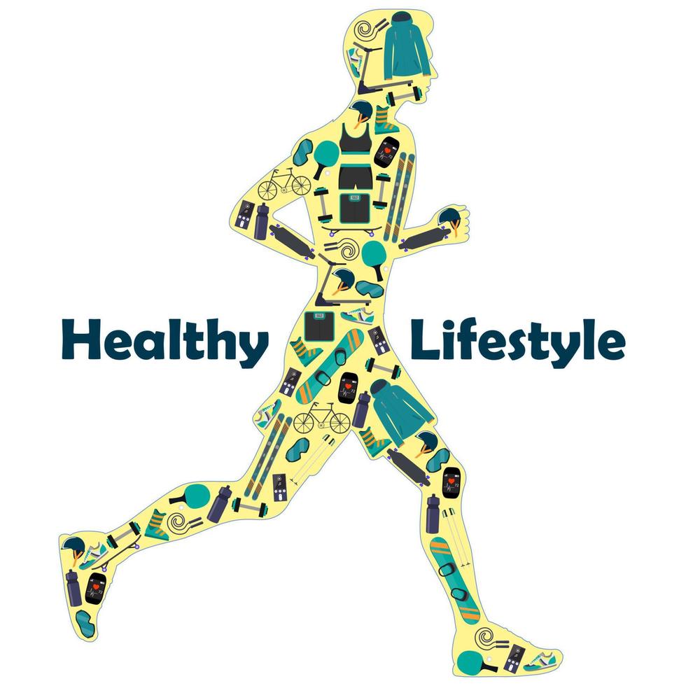 Silhouette eines laufenden Mannes, gefüllt mit Symbolen von Sportgeräten für verschiedene Sportarten. Illustrationssymbol für einen gesunden Lebensstil für Infografiken. vektor