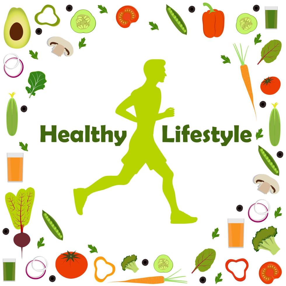 Silhouette eines laufenden Mannes, umgeben von Ikonen aus Gemüse. Illustrationssymbol für einen gesunden Lebensstil für Infografiken. vektor